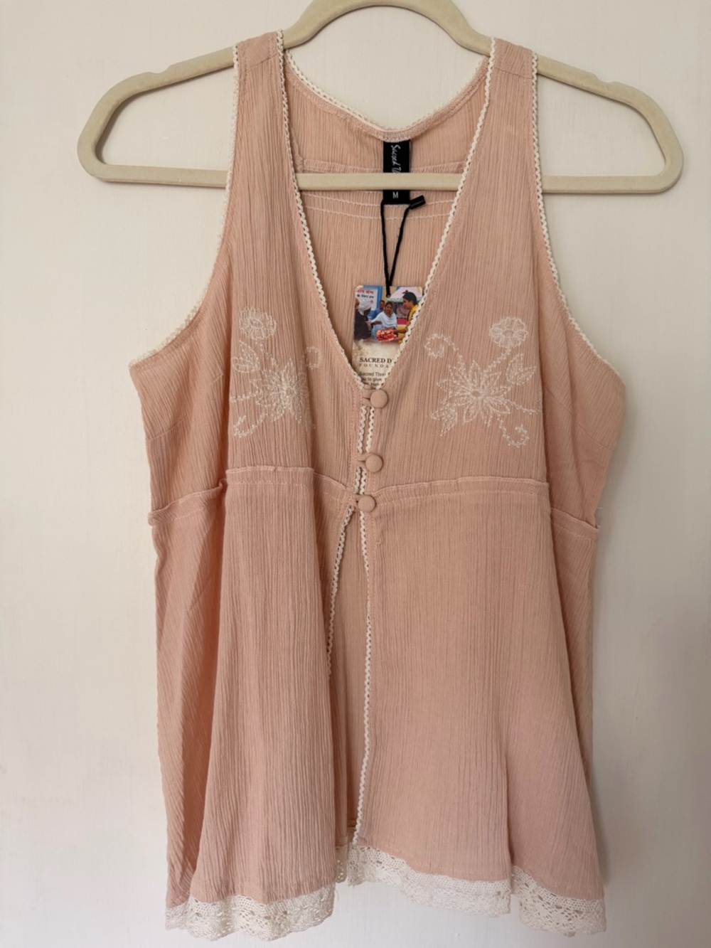 100% Cotton Lace-Trim Button Front Tank Top - Blush Pink